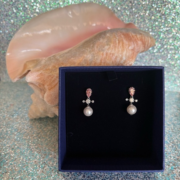 Authentic Swarovski Perfection Pierced Clear & Pink Crystal, Pearl Drop Earrings - Picture 7 of 14